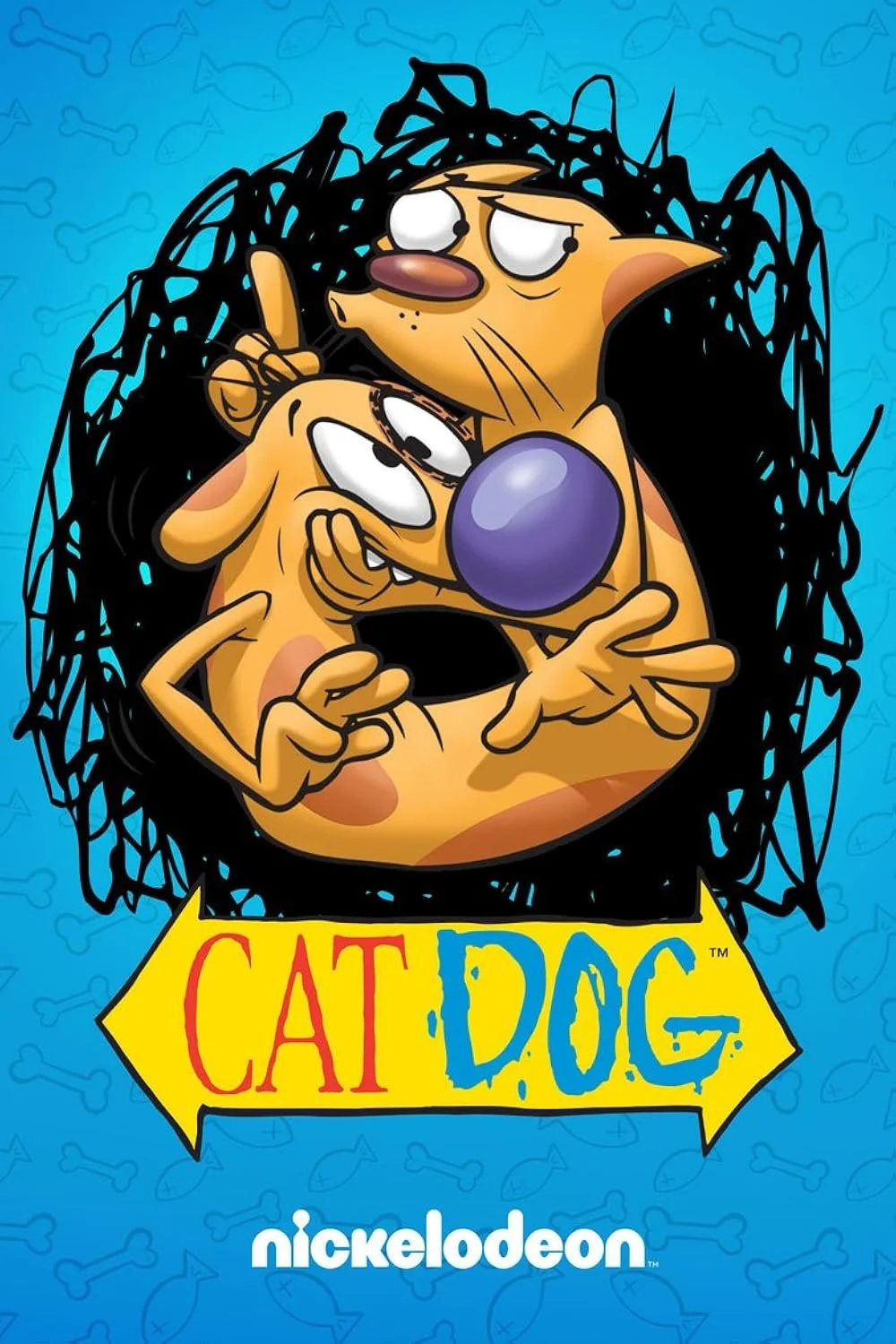 Colorful cartoon of two characters from Nickelodeon's "CatDog" show, with one cat and one dog, surrounded by black scribbles and a blue background with faint bone shapes. The title "CAT DOG" is displayed in yellow and blue letters at the bottom.