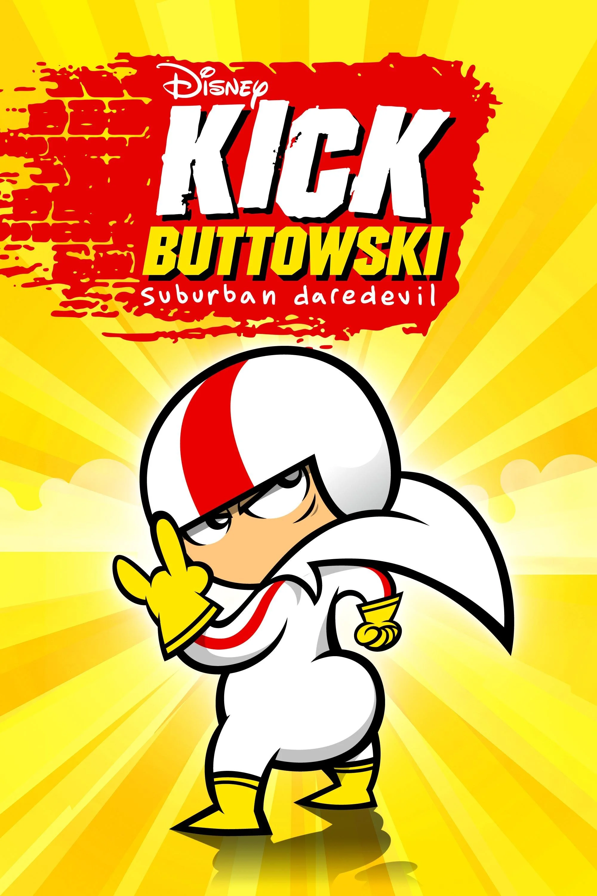 Cartoon character from Suburban Daredevil cartoon dressed as a karate fighter with yellow gloves and boots, wearing a white martial arts uniform with red and yellow accents, giving a kung fu pose, set against a yellow background with a red and black 