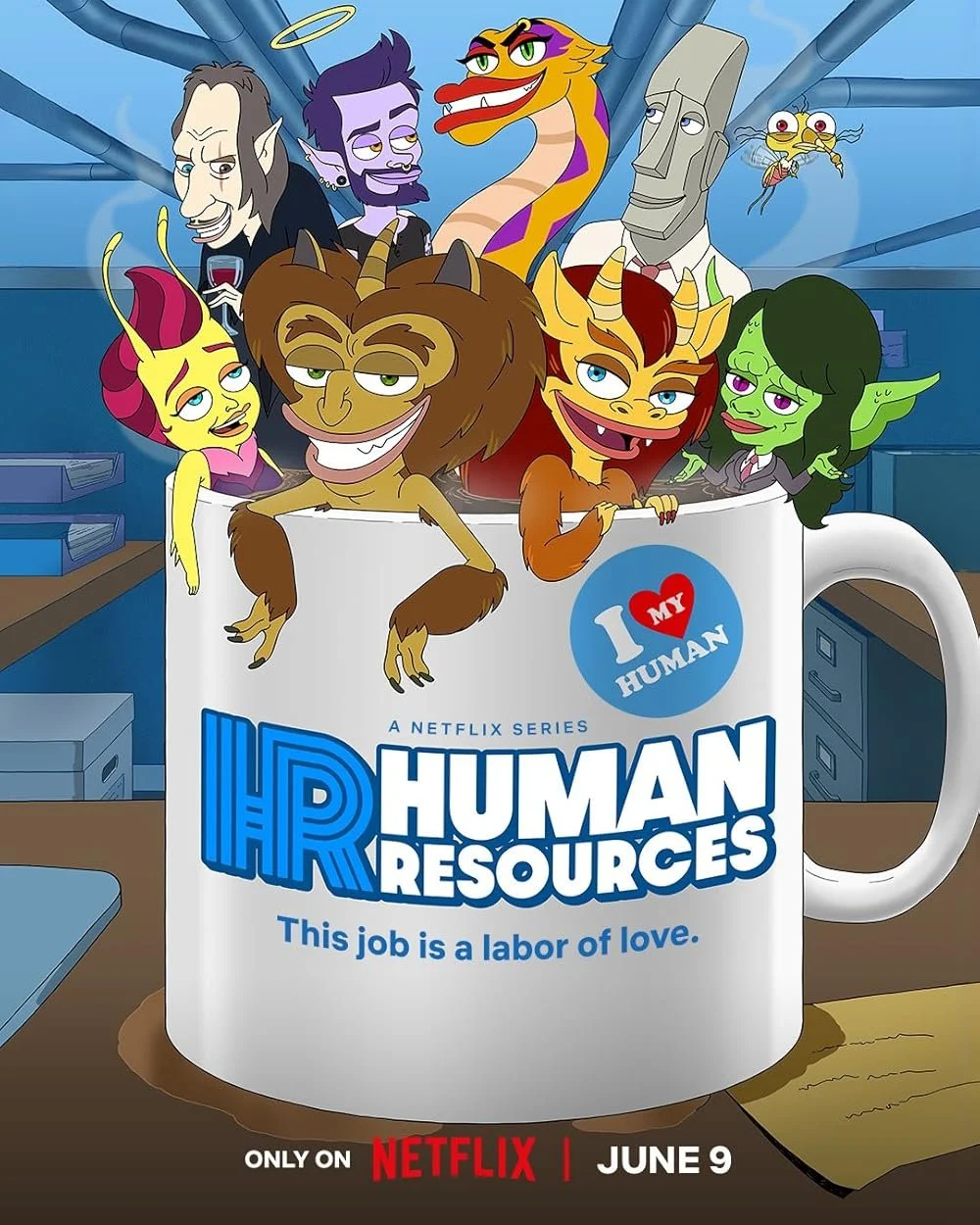 Animated characters of various mythical and fictional beings inside a white coffee mug with 'HR Human Resources' printed on it, promoting a Netflix series called 'Human Resources' with a release date of June 9.