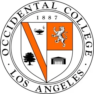 Seal of Occidental College in Los Angeles featuring a shield with a lamp, lion, tree, and building, surrounded by the college's name and founding year 1887.