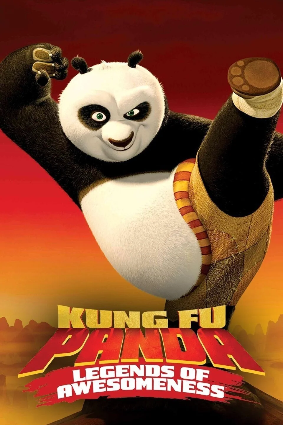 Poster of Kung Fu Panda: Legends of Awesomeness featuring Po the panda flexing his muscles with a confident expression, set against a red and orange background with stylized text.