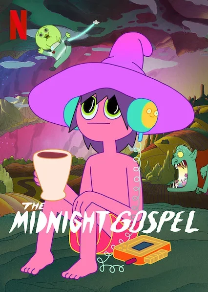 Animated pink character wearing a large purple wizard hat and headphones, holding a cup with a landscape background. There is a small green creature flying in the sky, a monster with sharp teeth on the right, and a landscape of mountains and trees. T