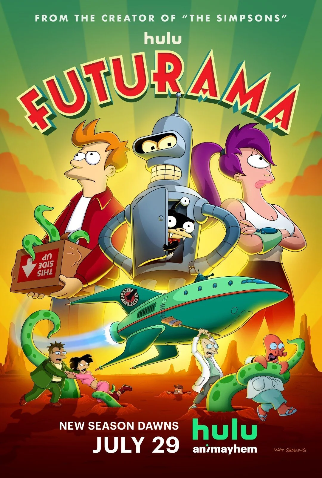 Poster for Futurama featuring characters Bender, Leela, Fry, and others, with a spaceship and a desert landscape, promoting a new season on Hulu premiering July 29.