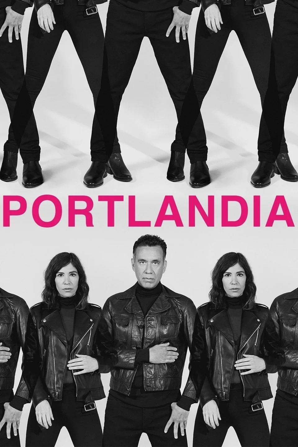Black and white promotional image of a band called Portlandia, with four members wearing leather jackets and black clothing, standing with serious expressions, the word 'PORTLANDIA' in pink text in the center.