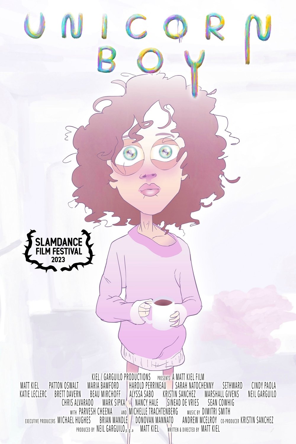 A cartoon drawing of a woman with curly hair and glasses, holding a mug of coffee. There are rainbow-colored balloon letters spelling "UNICORN BOY" above her head, and a black and white logo for Slamdance Film Festival 2023 to the left. The backgroun