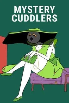 A cartoon bear dressed in a white and green outfit, sitting on a purple couch with crossed arms, under a green roof, with the text 'Mystery Cuddlers' at the top.