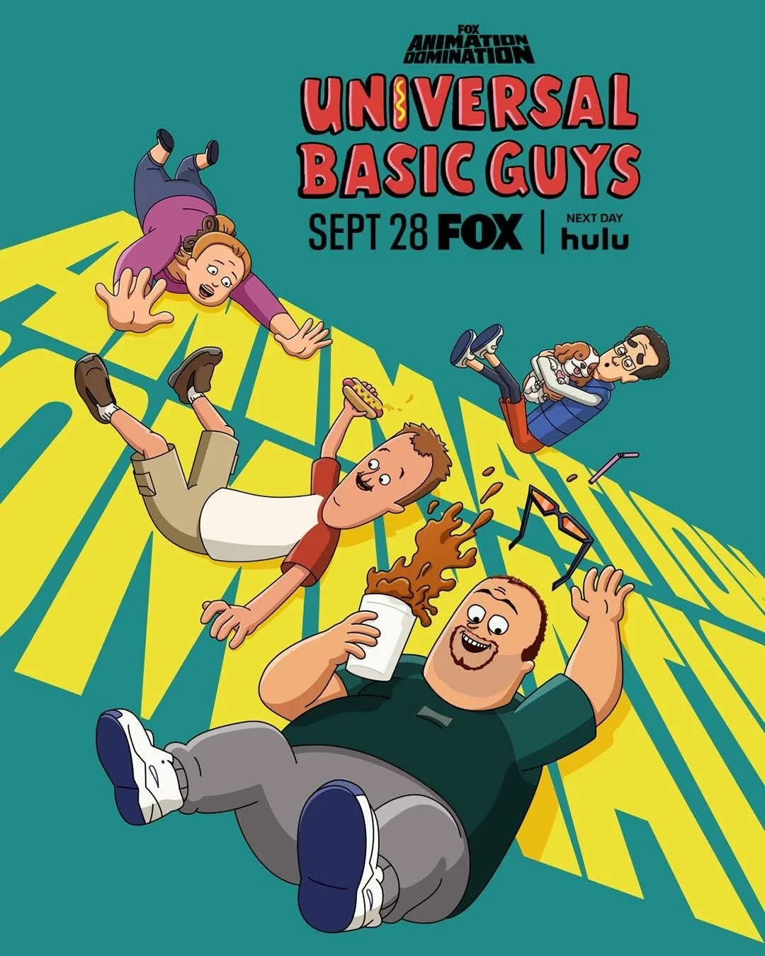 Promotional poster for the animated sitcom 'Universal Basic Guys' featuring cartoon characters falling and interacting on a yellow and blue background, with information about the show's premiere on September 28 on FOX and Hulu.