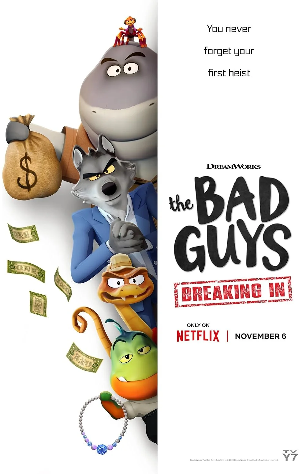 Promotional poster for the animated film 'The Bad Guys: Breaking In' showing five anthropomorphic animal characters, including a shark, wolf, duck, snake, and chameleon, with text indicating the film's release on Netflix on November 6.