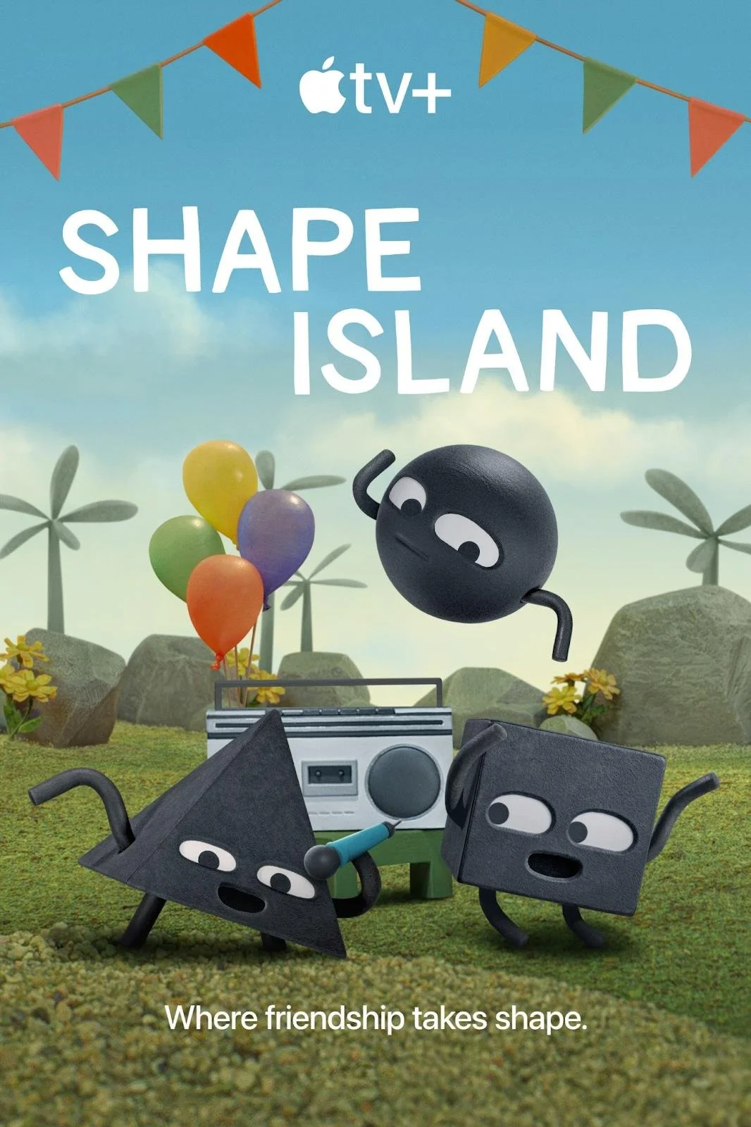 Animated characters with geometric shapes enjoying a party in a colorful outdoor setting, with balloons, palm trees, and a boombox, promoting a game called Shape Island by Apple TV+.