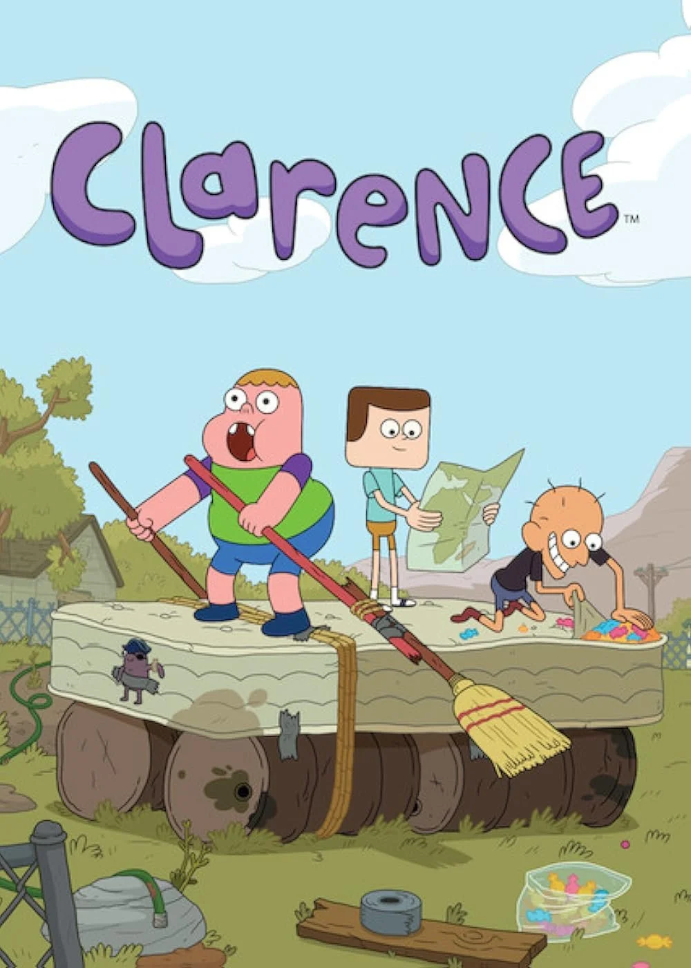 Animated cartoon scene from the show 'Clarence' showing three characters on a makeshift raft made of logs, with a boy holding a map, a large boy sweeping, and an old man picking up toys, in a grassy outdoor setting with trees, mountains, and a blue s