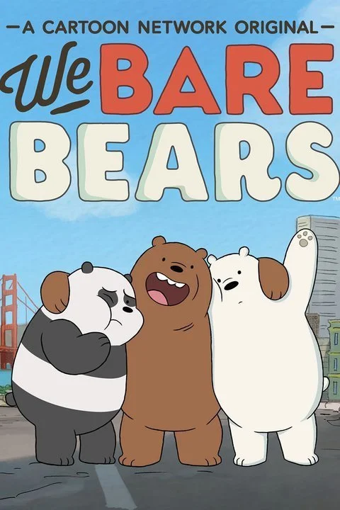 The cover of the animated TV show 'We Bare Bears' featuring three bears hugging in front of the Golden Gate Bridge and cityscape.
