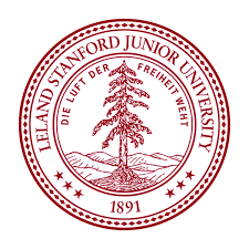 Seal of Leiland Stanford Junior University with a pine tree, mountains, and inscriptions in red.