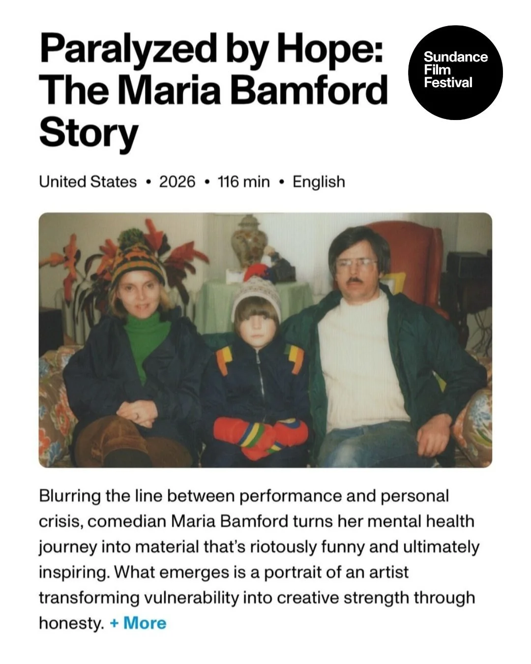 Poster for a documentary titled "Paralyzed by Hope: The Maria Bamford Story" showing a family photo with two children and an adult man seated on a couch, with decorative plants and objects in the background. The film is from the Sundance Film Festiva