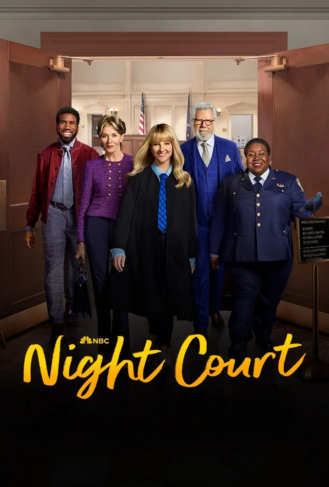 Group of five people standing in a courtroom, with two men in suits, two women in professional attire, and a woman in a police uniform, with the title 'Night Court' in yellow at the bottom.