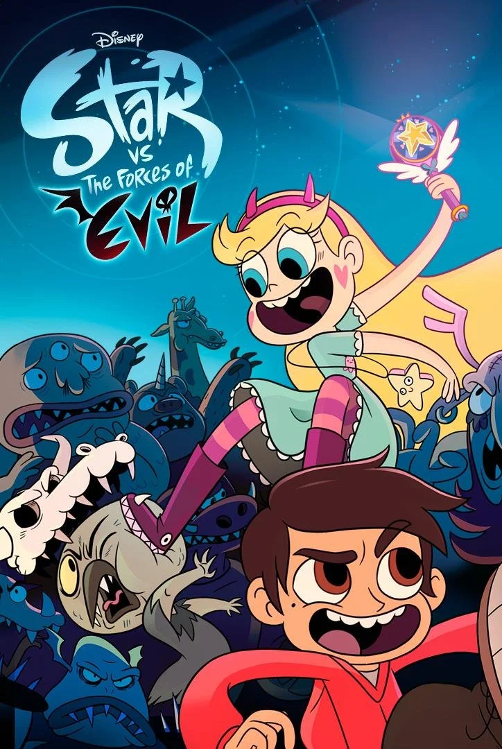 Poster of Disney's "Star Vs. The Forces of Evil" featuring Star Butterfly with blonde hair and a magic wand, surrounded by monsters and a boy with brown hair and red hoodie.