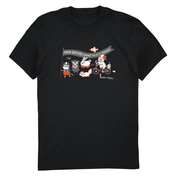 Black t-shirt with a graphic of various illustrated animals and a banner that says 'Maria Bamford Supports Me in My Journey'.