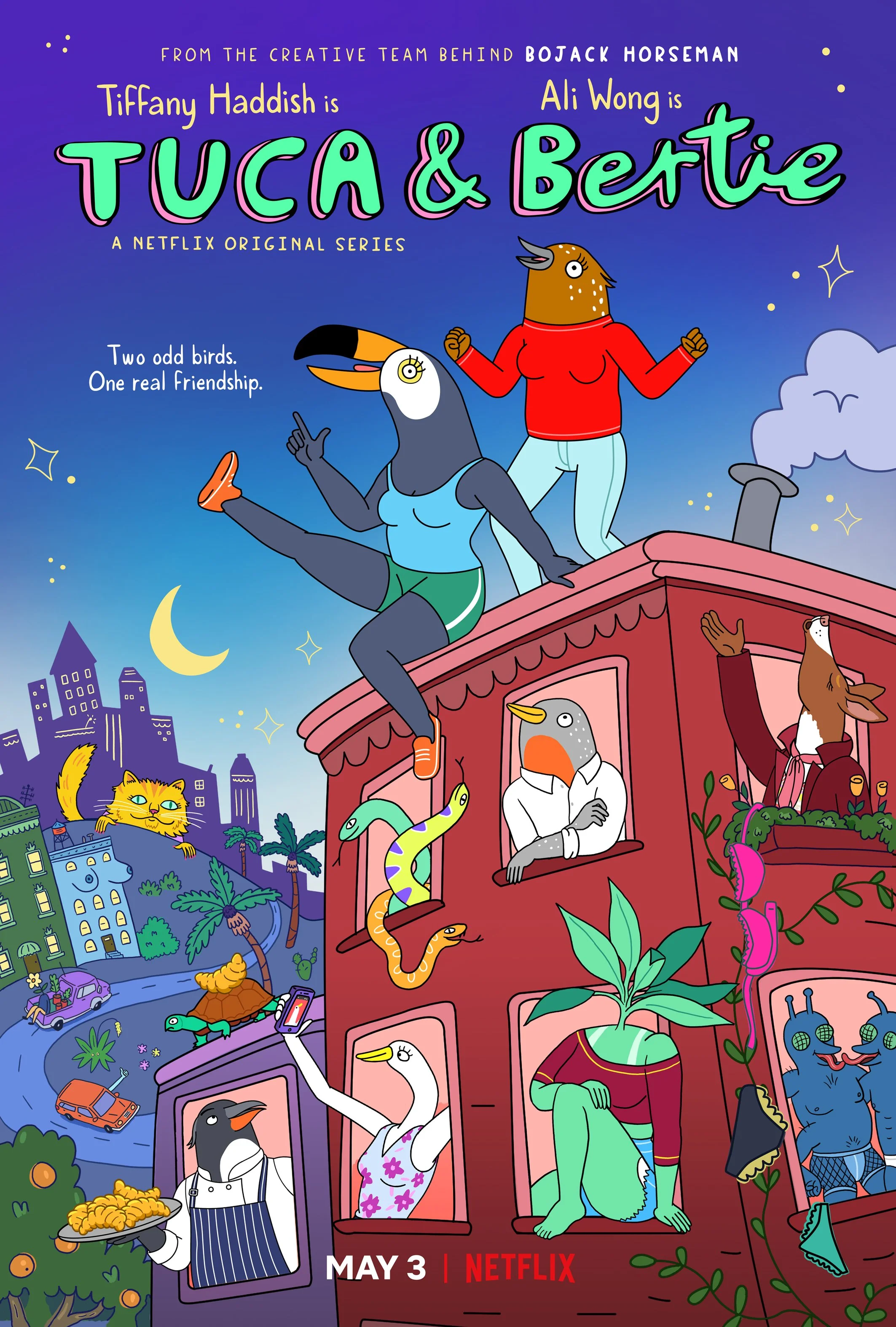 Colorful animated poster for the Netflix series 'Tuca & Bertie', featuring anthropomorphic bird characters and a cityscape background, with the release date May 3.