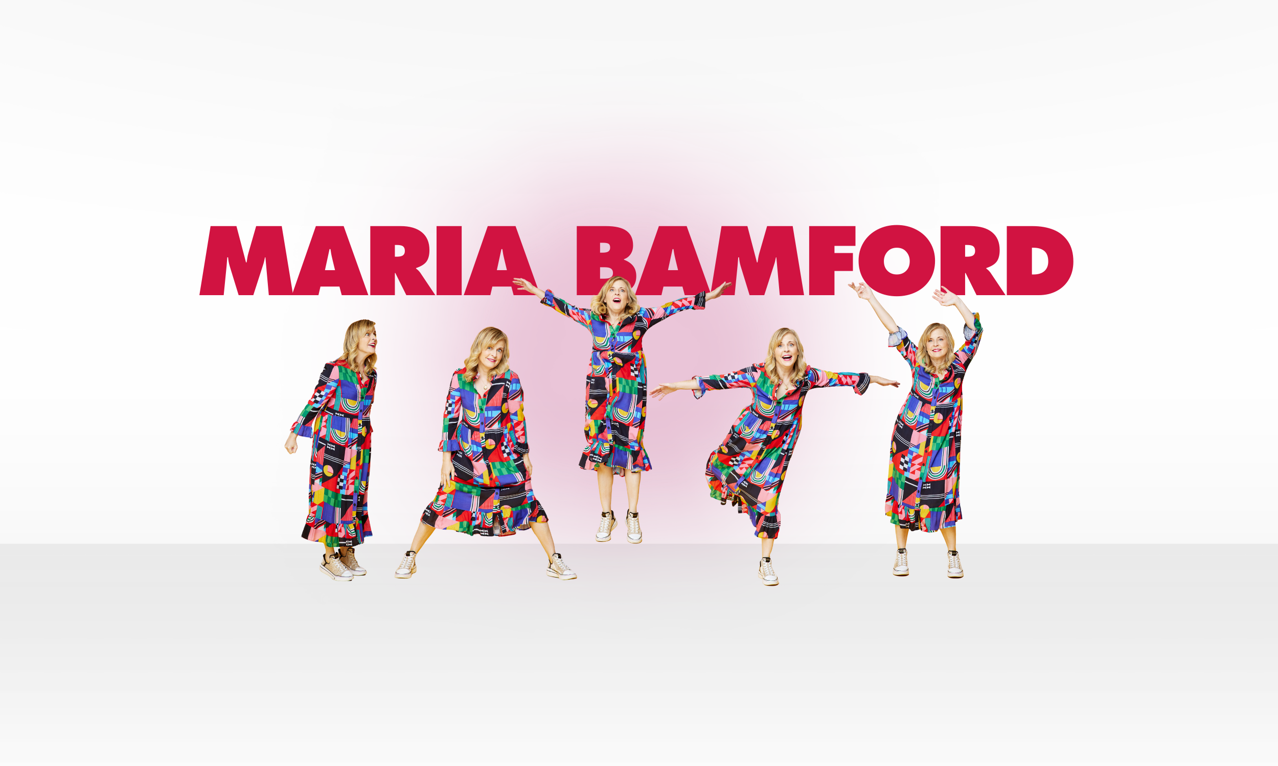 Multiple women dressed in colorful patterned outfits with the name "Maria Bamford" in large red letters above them.
