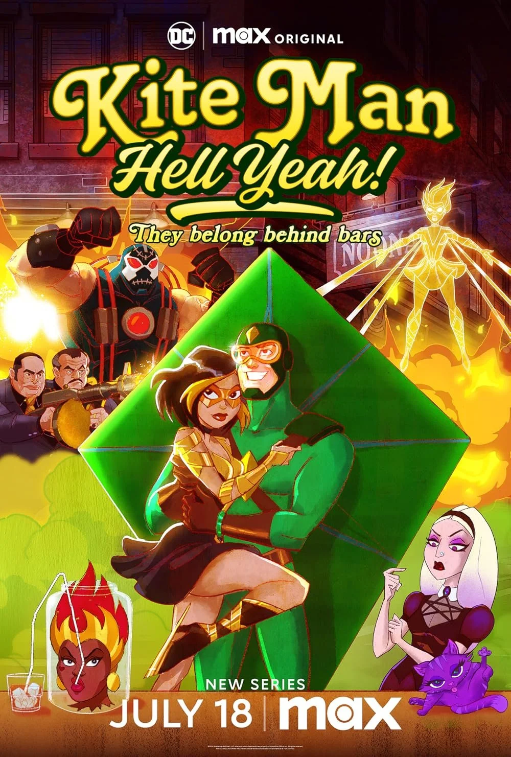 Promotional poster for the animated series "Kite Man Hell Yeah!" with characters in a vibrant, comic book style. The poster features a central female character and a male character sitting on a green diamond shape, with other characters and action sc