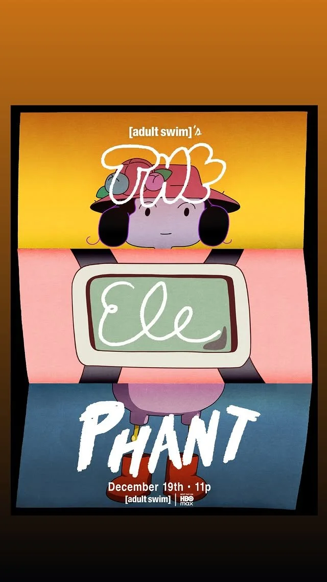 A promotional poster for the TV show 'Eele Phantom' airing December 19th at 11 PM on HBO Max, depicting a cartoon character with a purple body, black ears, and a pink hat, holding a green screen with the word 'Eele' on it.