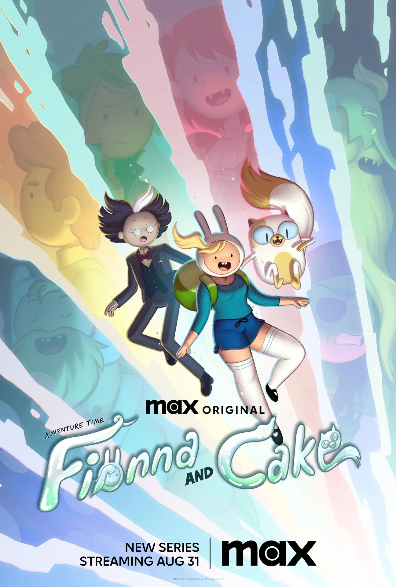 Colorful animated poster for the Max Original series 'Finn and Cake' featuring two animated characters, a boy and a girl with a cake, floating above a rainbow background with characters in the rainbow's colors. Text announces the series premieres on 