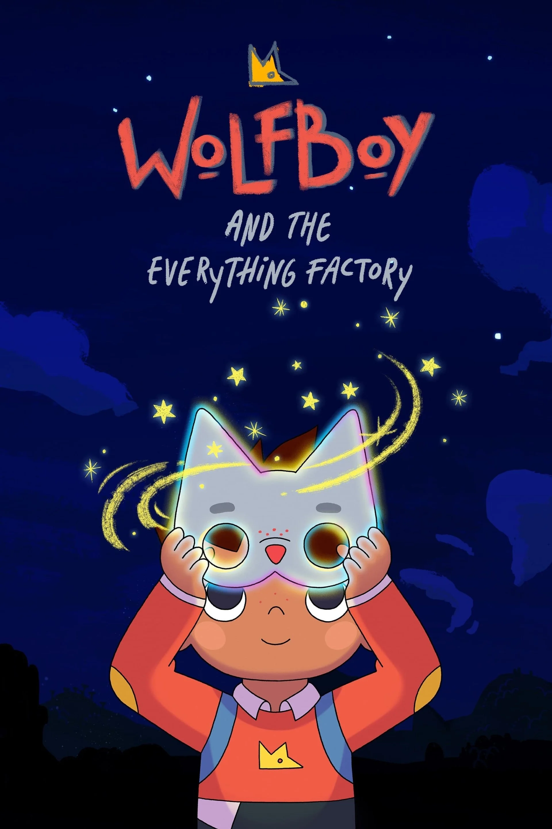 A cartoon character with orange hair holding a glowing, cat-like mask. Above, text reads 'Wolf Boy and the Everything Factory' with a small crown icon.