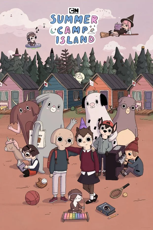 Animated scene on Summer Camp Island featuring kids, animals, and cabins with trees in the background, and a sign reading 'Summer Camp Island' at the top.