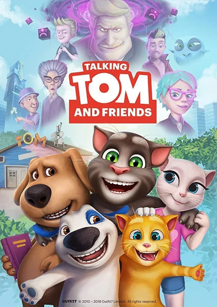 Colorful animated poster for 'Talking Tom and Friends' featuring talking animals and human characters, with a cityscape in the background.