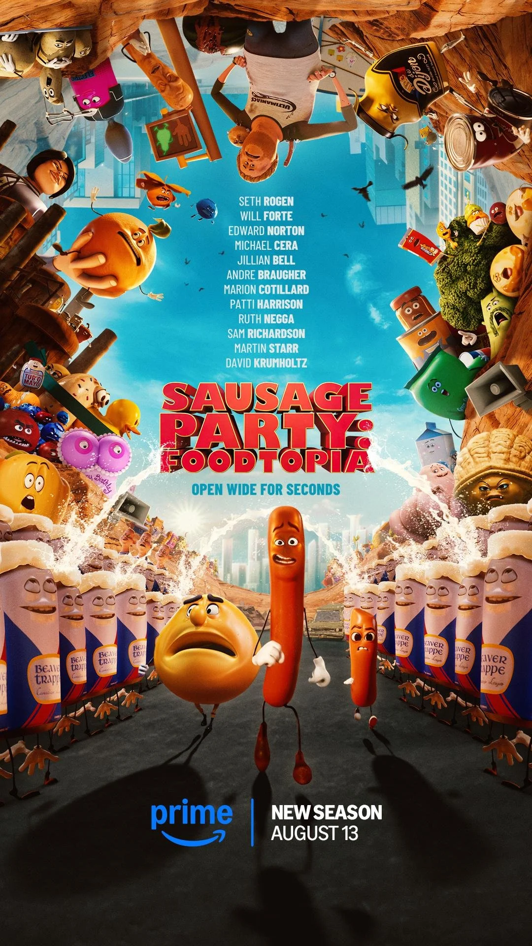 Poster for the animated movie 'Sausage Party Foodtopia' featuring animated food characters running on a street with a cityscape in the background. It includes a list of cast and crew, and an announcement for a new season on Prime Video premiering Aug