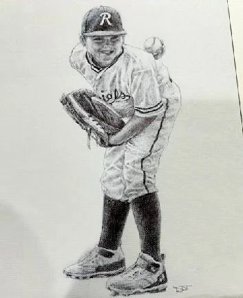 Drawing of a young baseball player in uniform with a glove, cap, and cleats, ready to catch a ball.