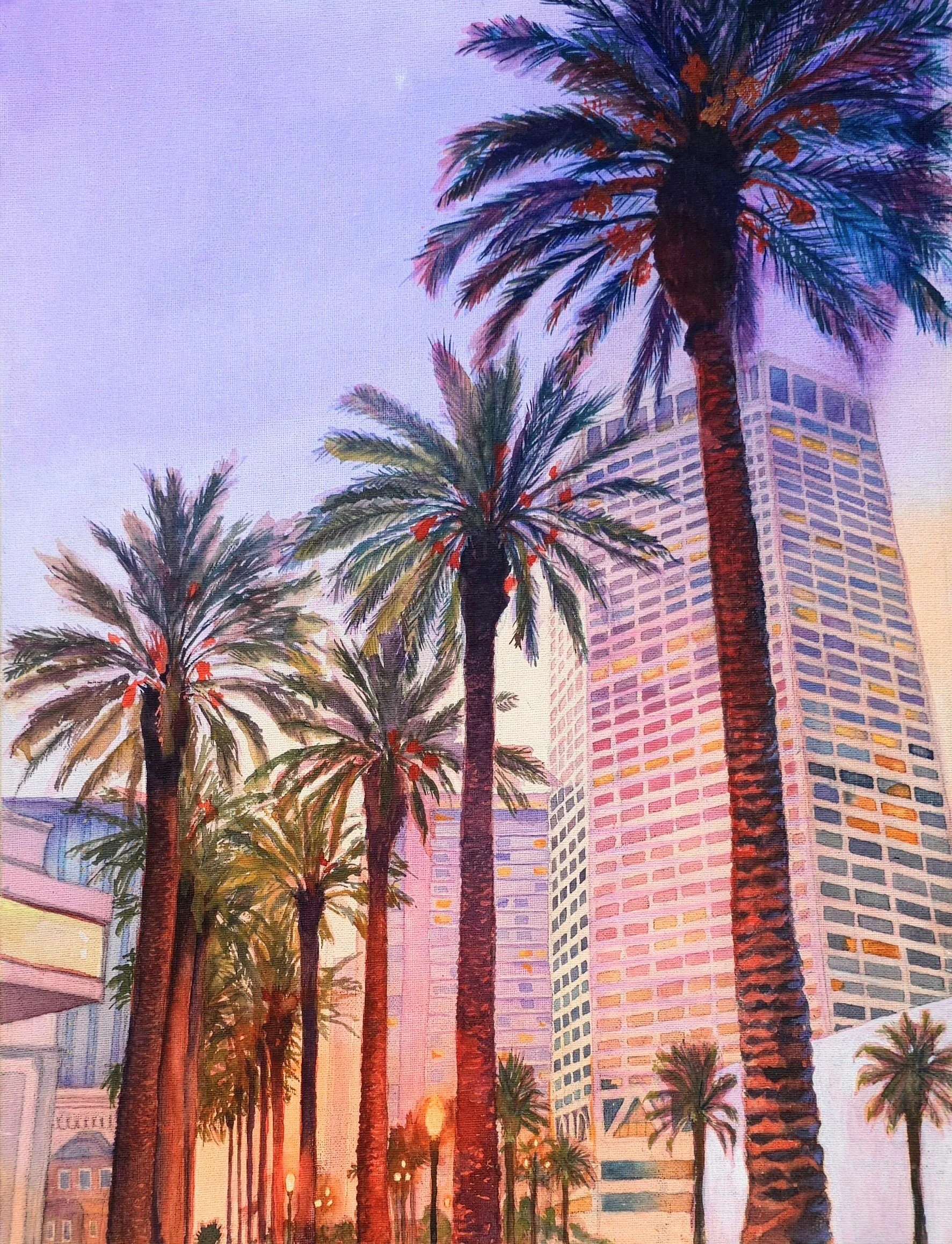 A cityscape scene at sunset with tall palm trees in the foreground and modern skyscrapers in the background, viewed during the golden hour with a colorful sky.