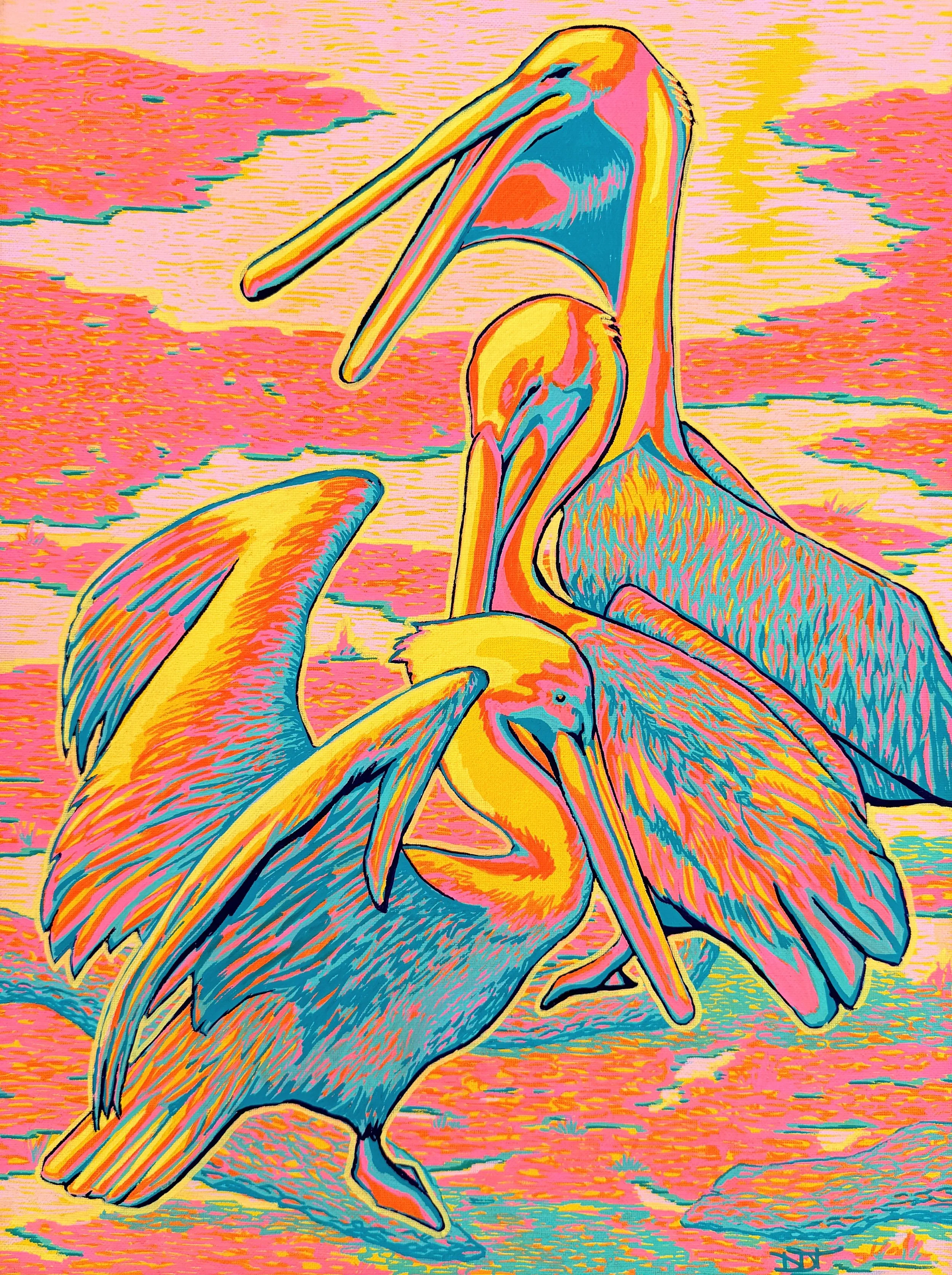 A colorful digital drawing of a bird with the head of a pelican and the body of a bird, standing on a shoreline with water and pinkish skies in the background.