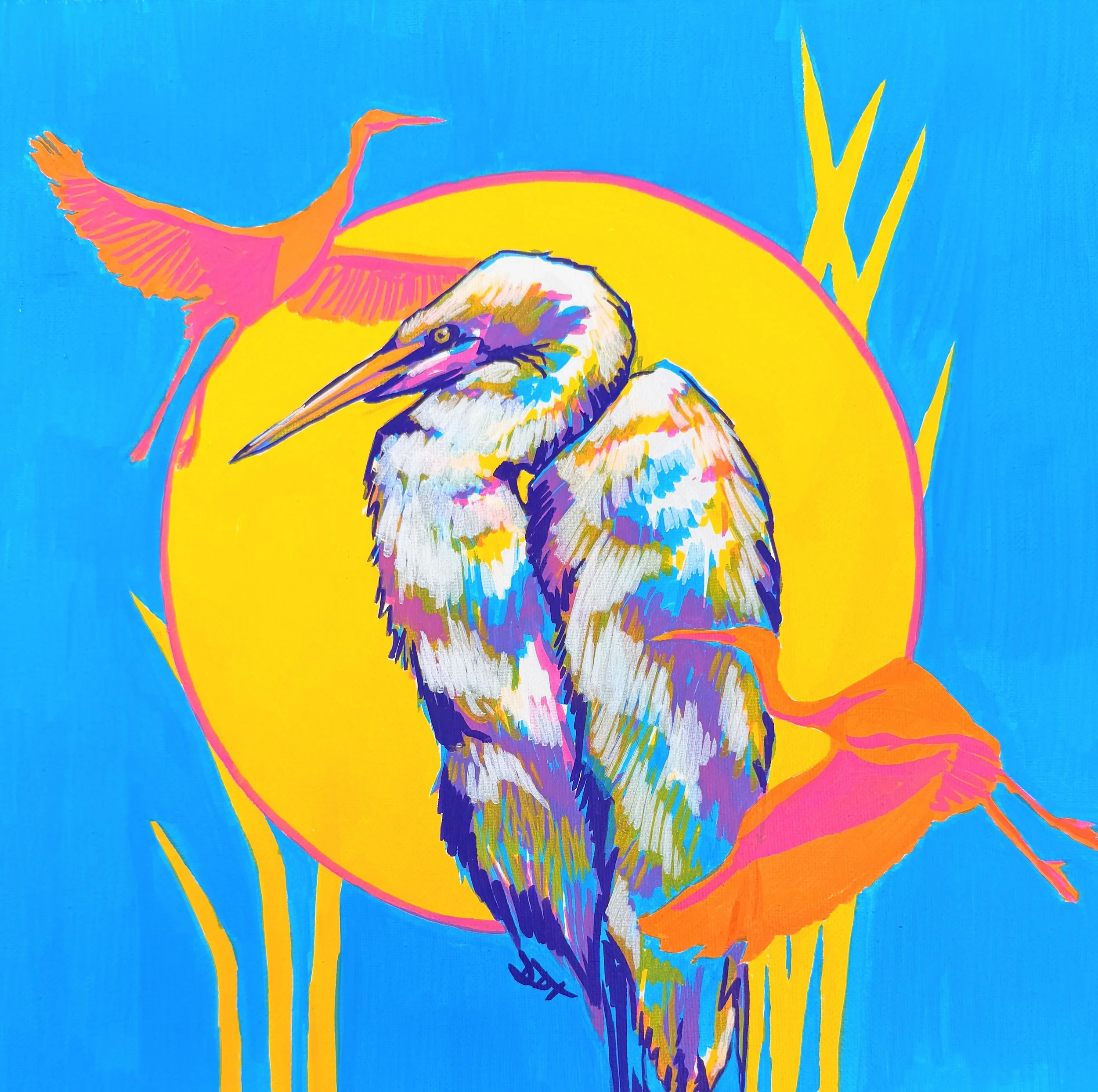 A colorful painting featuring a pink flamingo, a heron, and a bird, set against a bright blue background with a yellow semi-circle, green plants, and abstract lines.