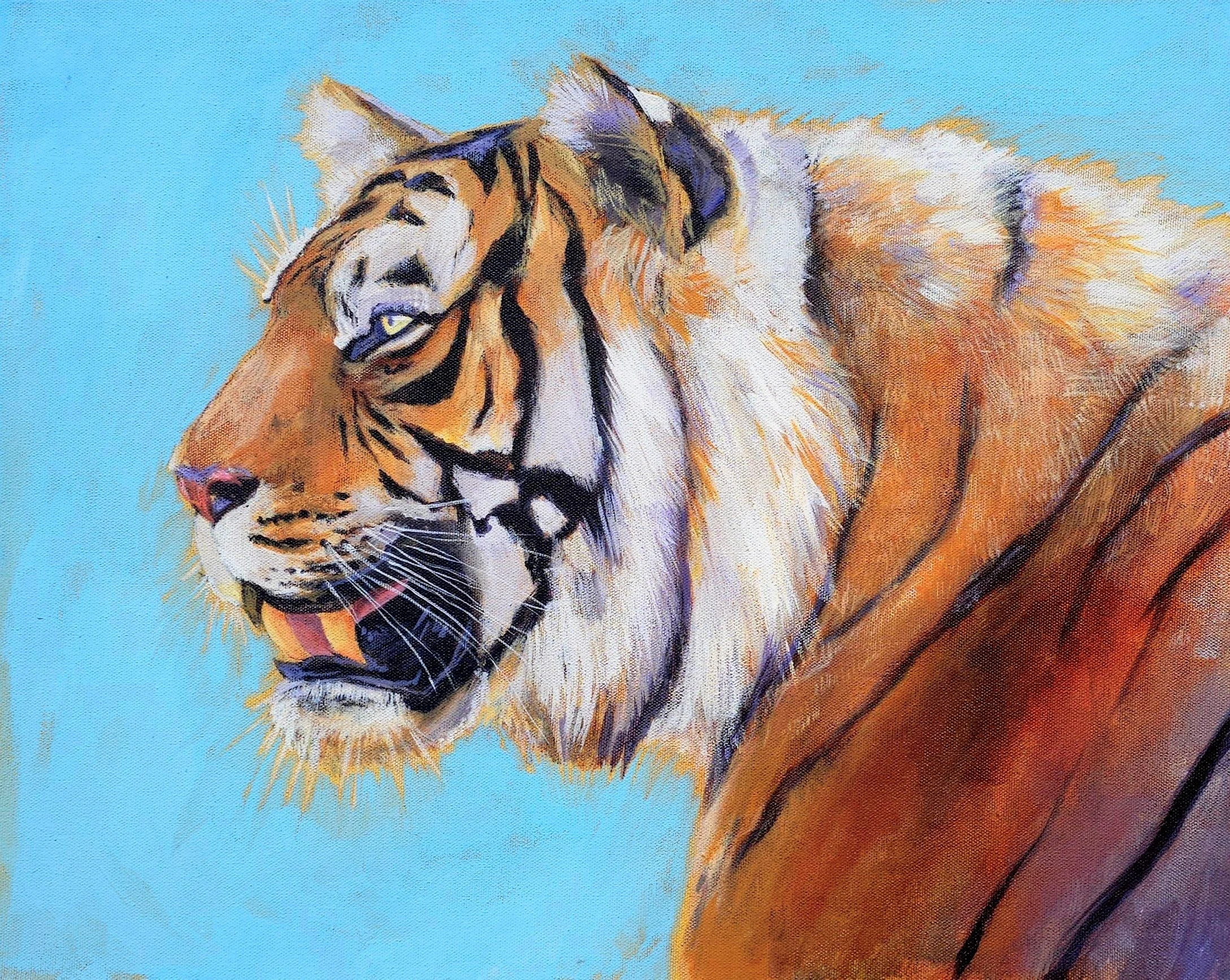 A painted portrait of a tiger with orange, black, and white fur, set against a light blue background.