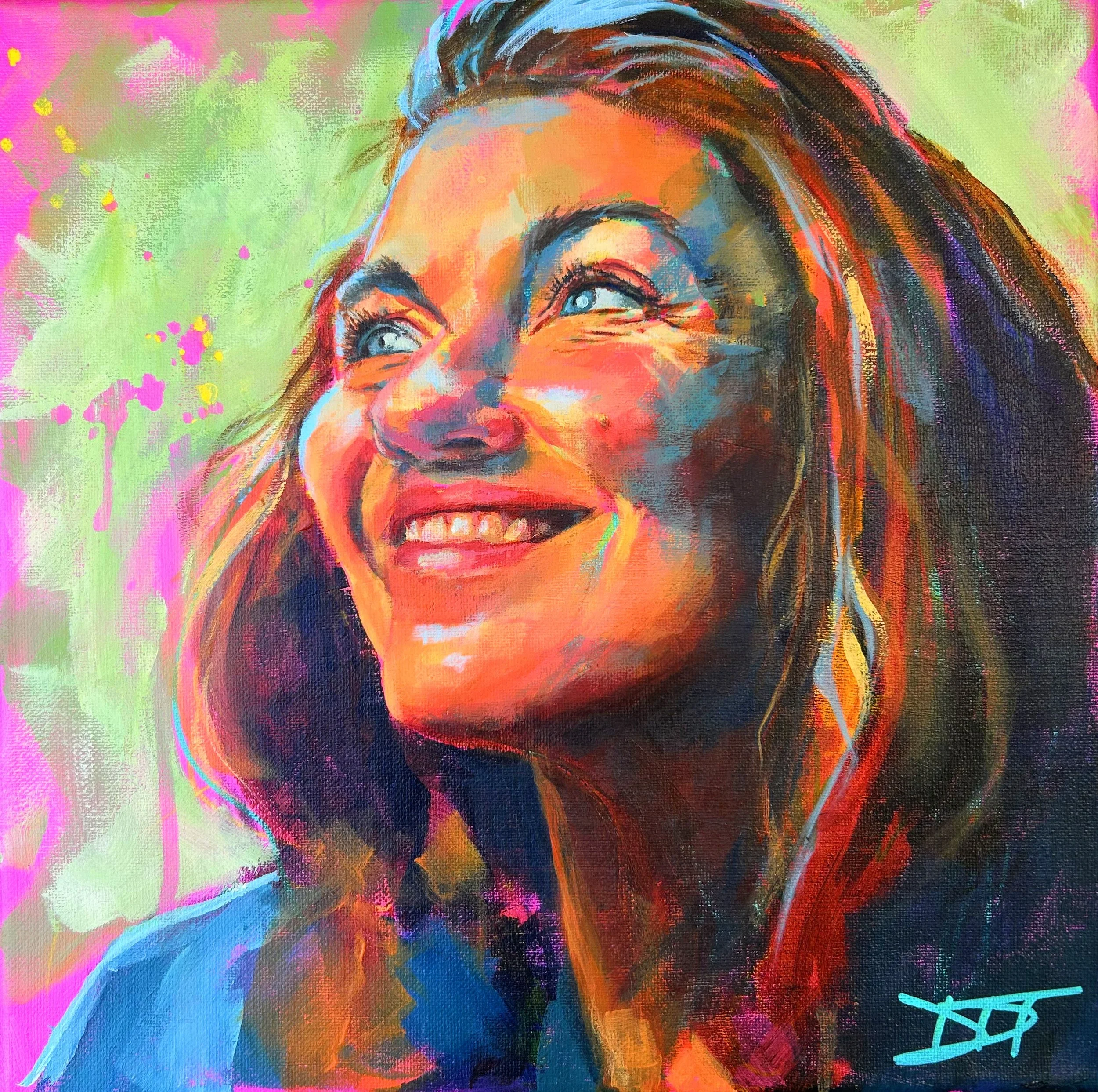 A vibrant, colorful painting of a smiling woman's face with her head tilted slightly back, looking upward. The background features splashes of pink, green, and yellow, and the art style is expressive with bold brushstrokes and a mix of warm and cool 
