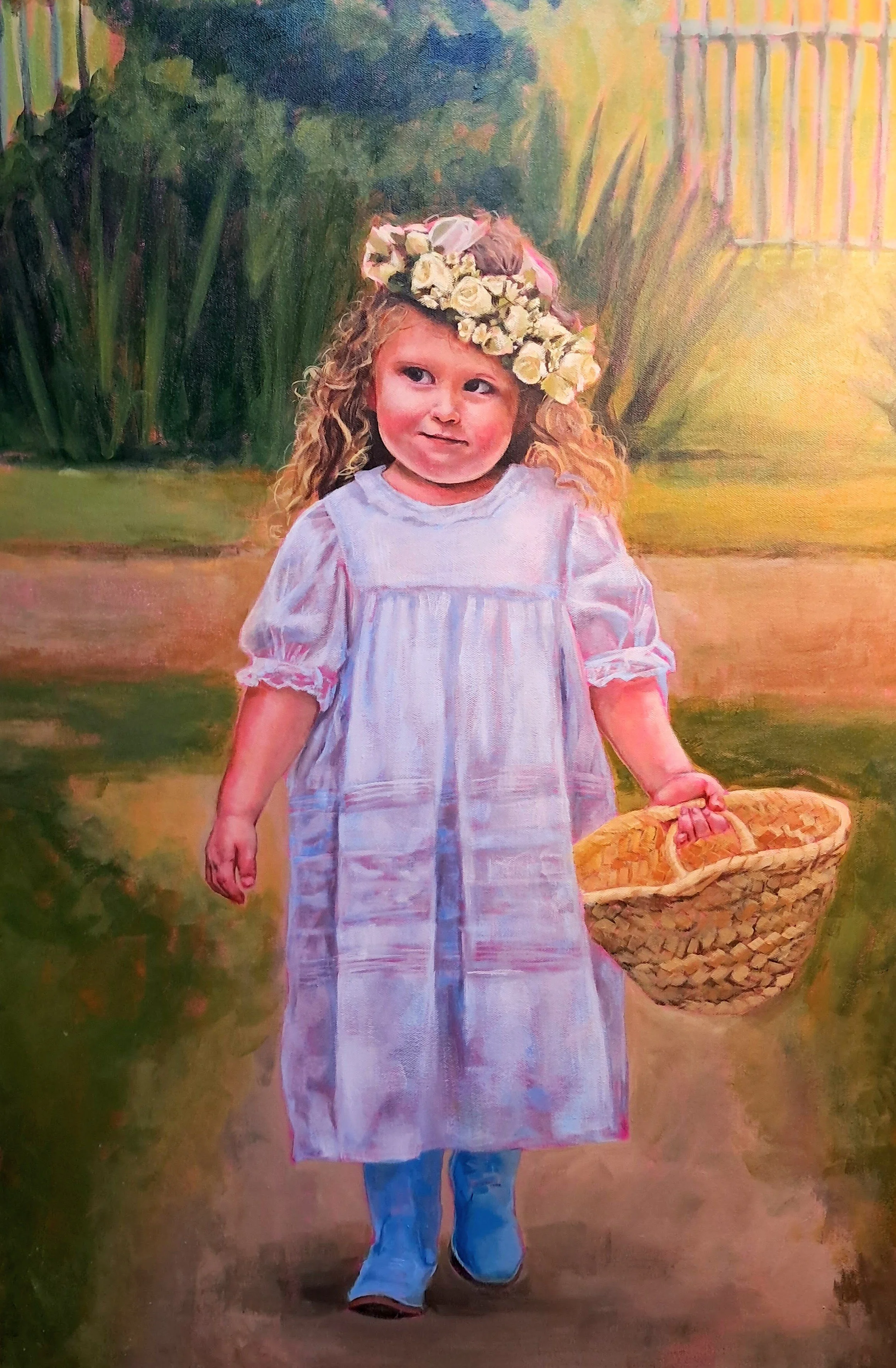 Painting of a young girl with curly hair wearing a white dress, a floral crown, and blue boots, holding a woven basket, outdoors with greenery and sunlight in the background.