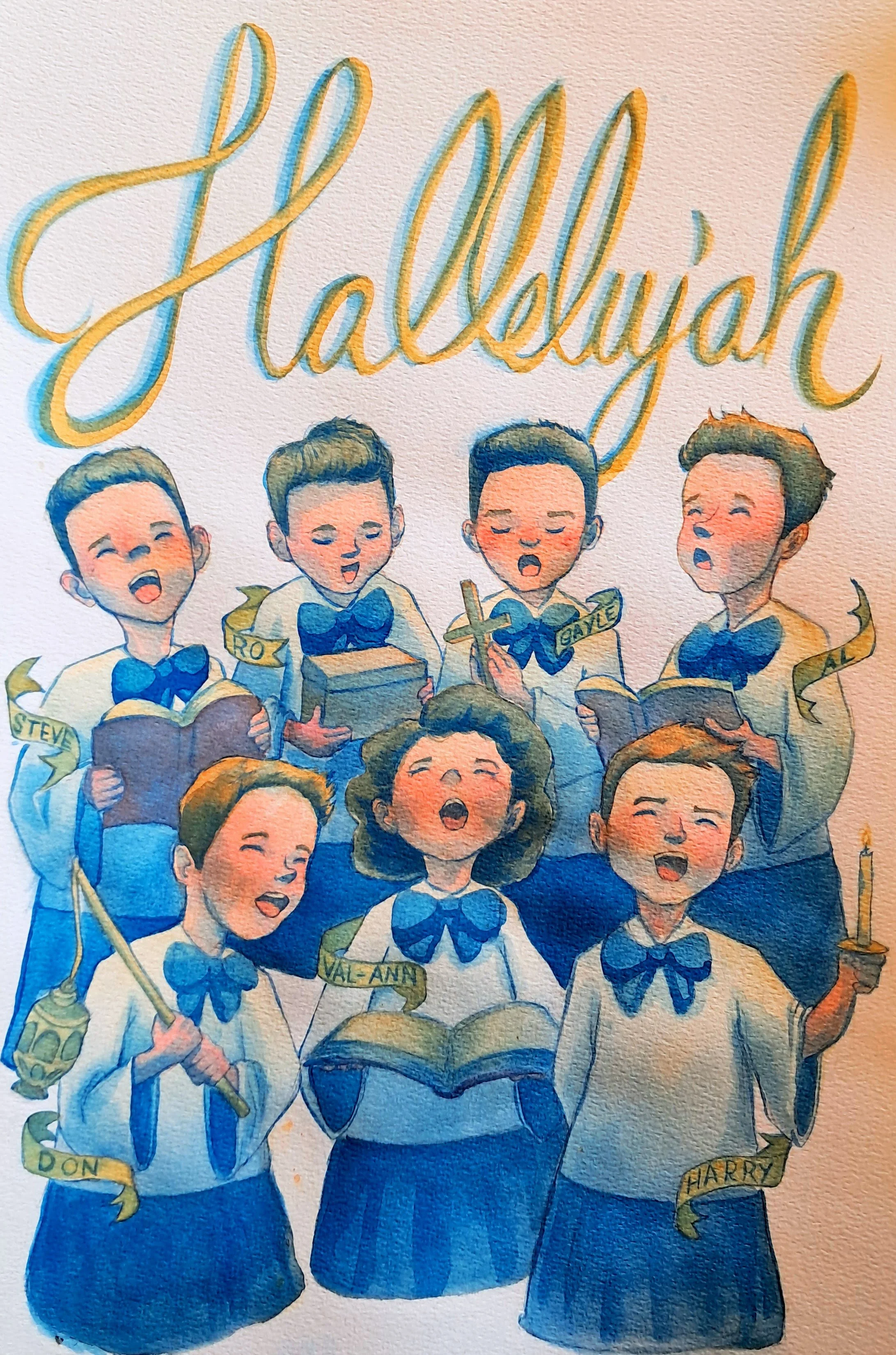 Watercolor illustration of children singing, dressed in school uniforms with blue bows, names on ribbons, and holding small flags or symbols.
