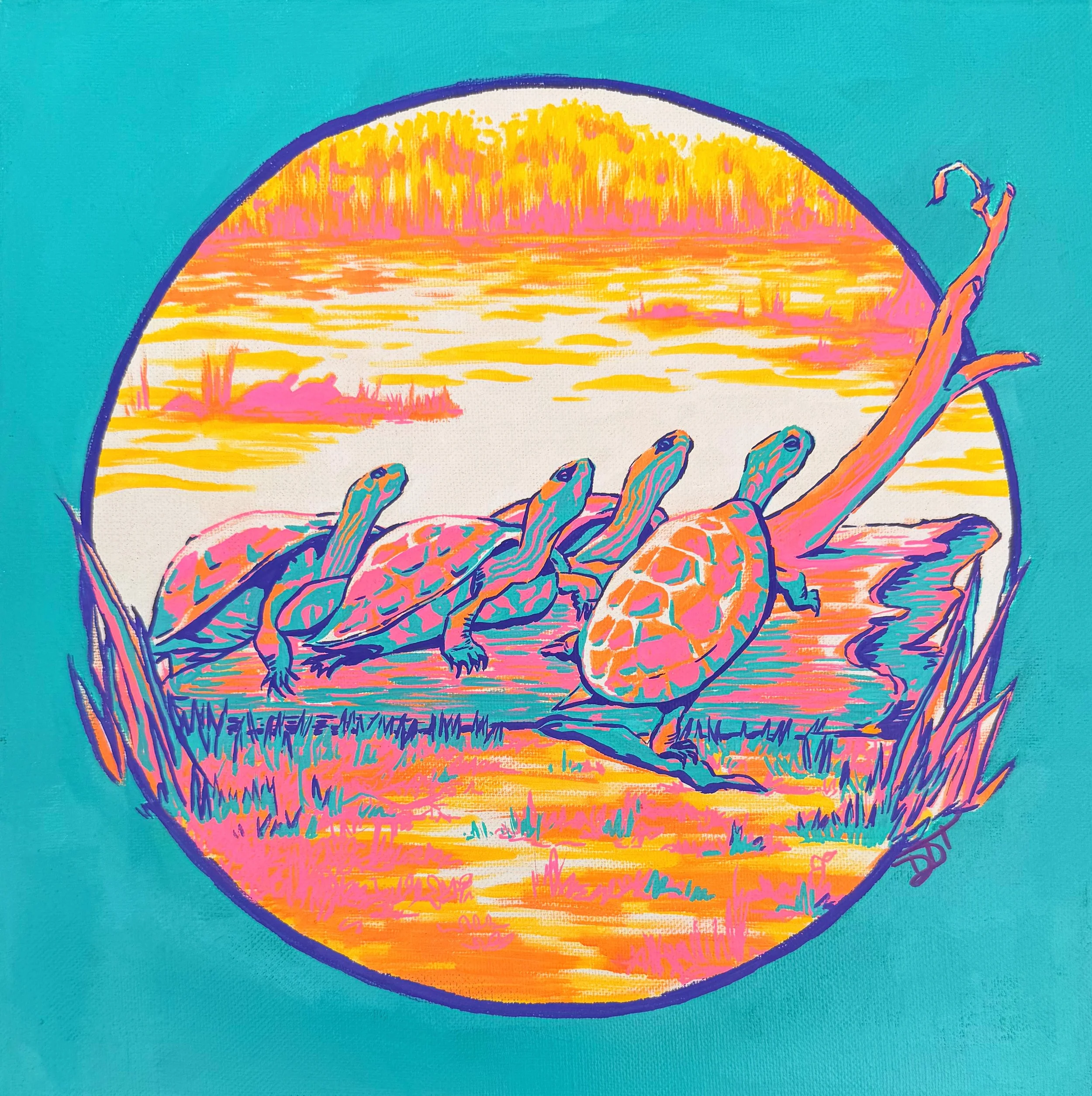 A colorful, abstract illustration of a hand holding a circular object with a sunset over water and landscape inside.