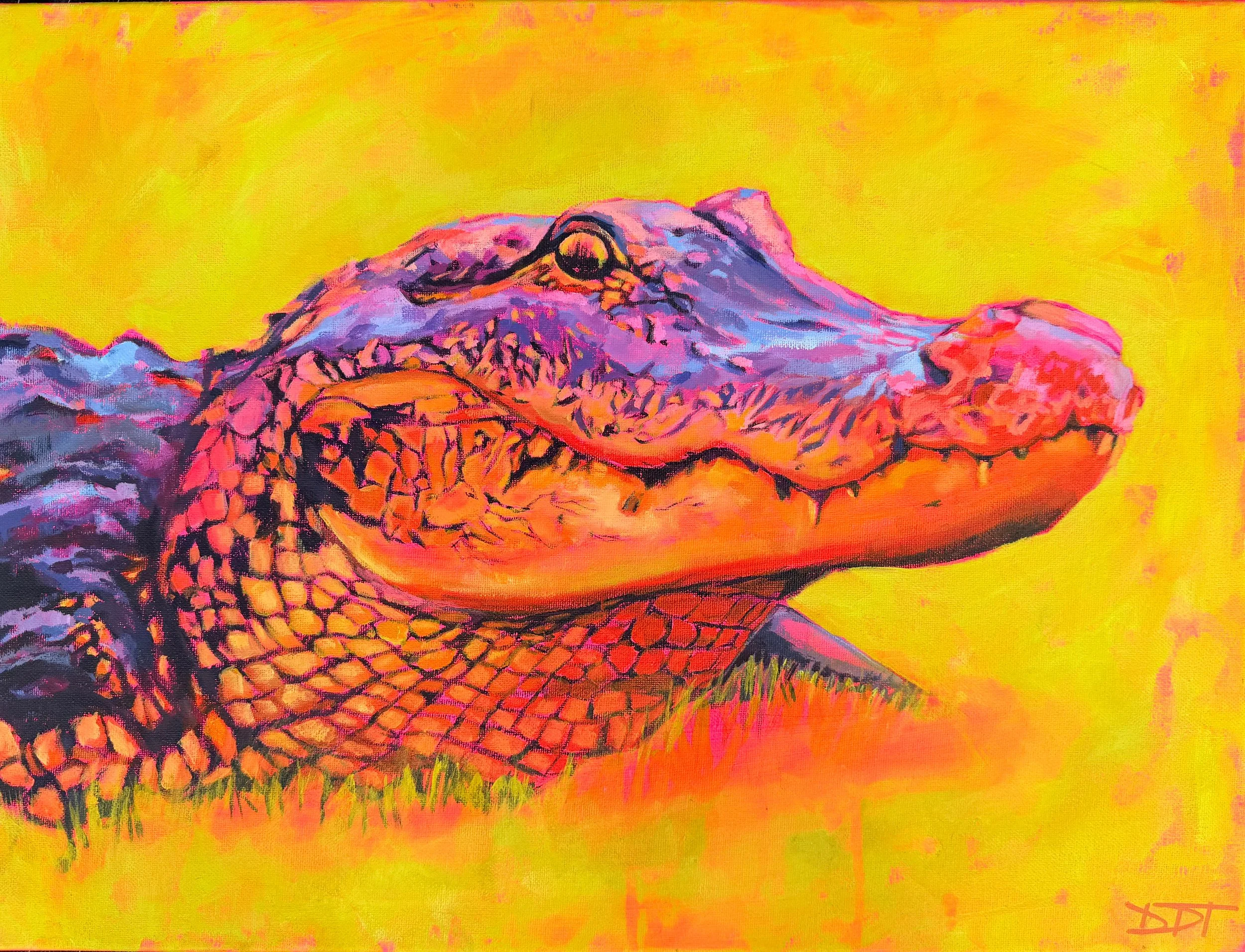 Painting of a crocodile with purple and pink hues on a yellow background.