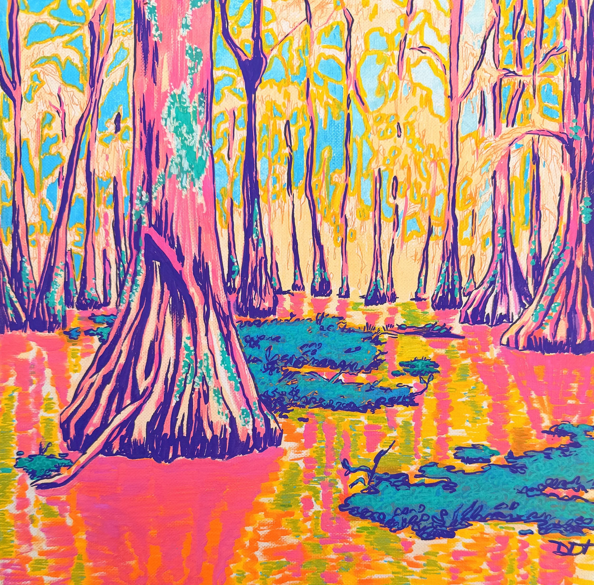 Colorful abstract painting with vertical pink, purple, yellow, and blue lines and patterns.