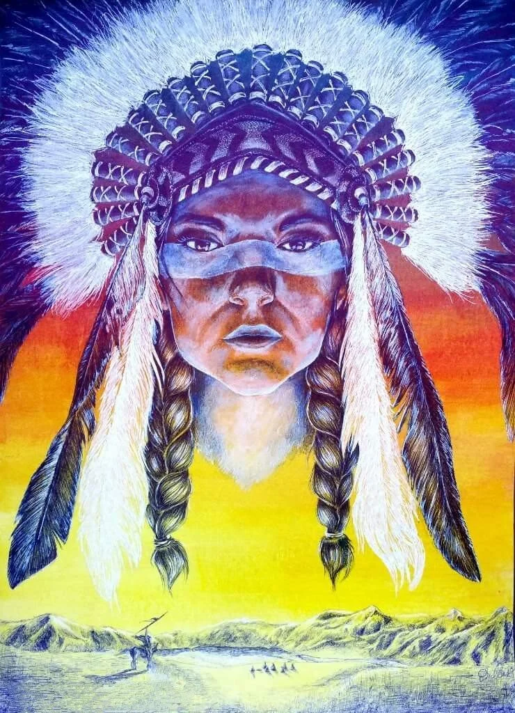 A large portrait of a Native American woman in a headdress with feathers, against a vibrant sunset background over mountains and a river.