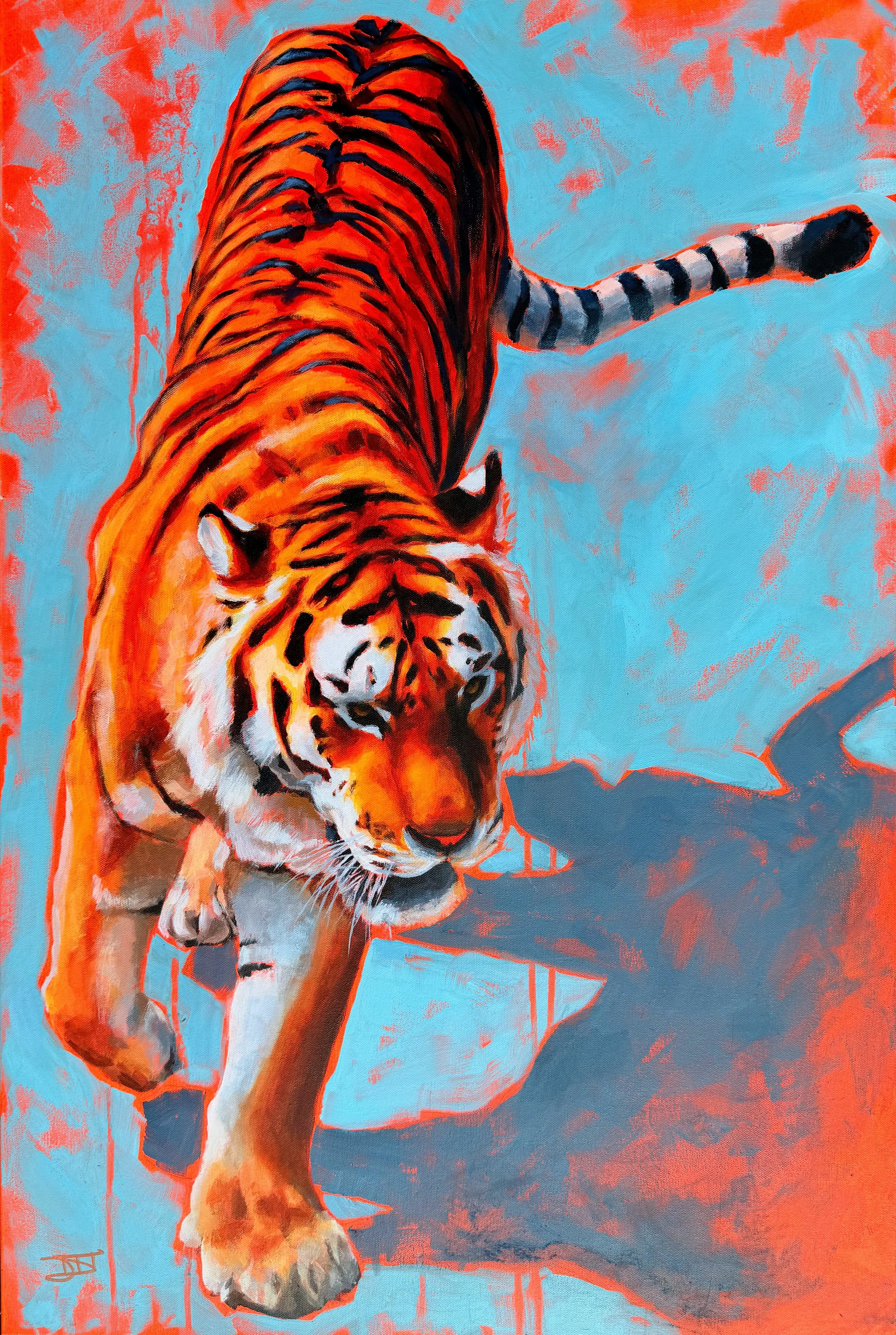 Painting of a tiger walking on a blue background with orange and black stripes.