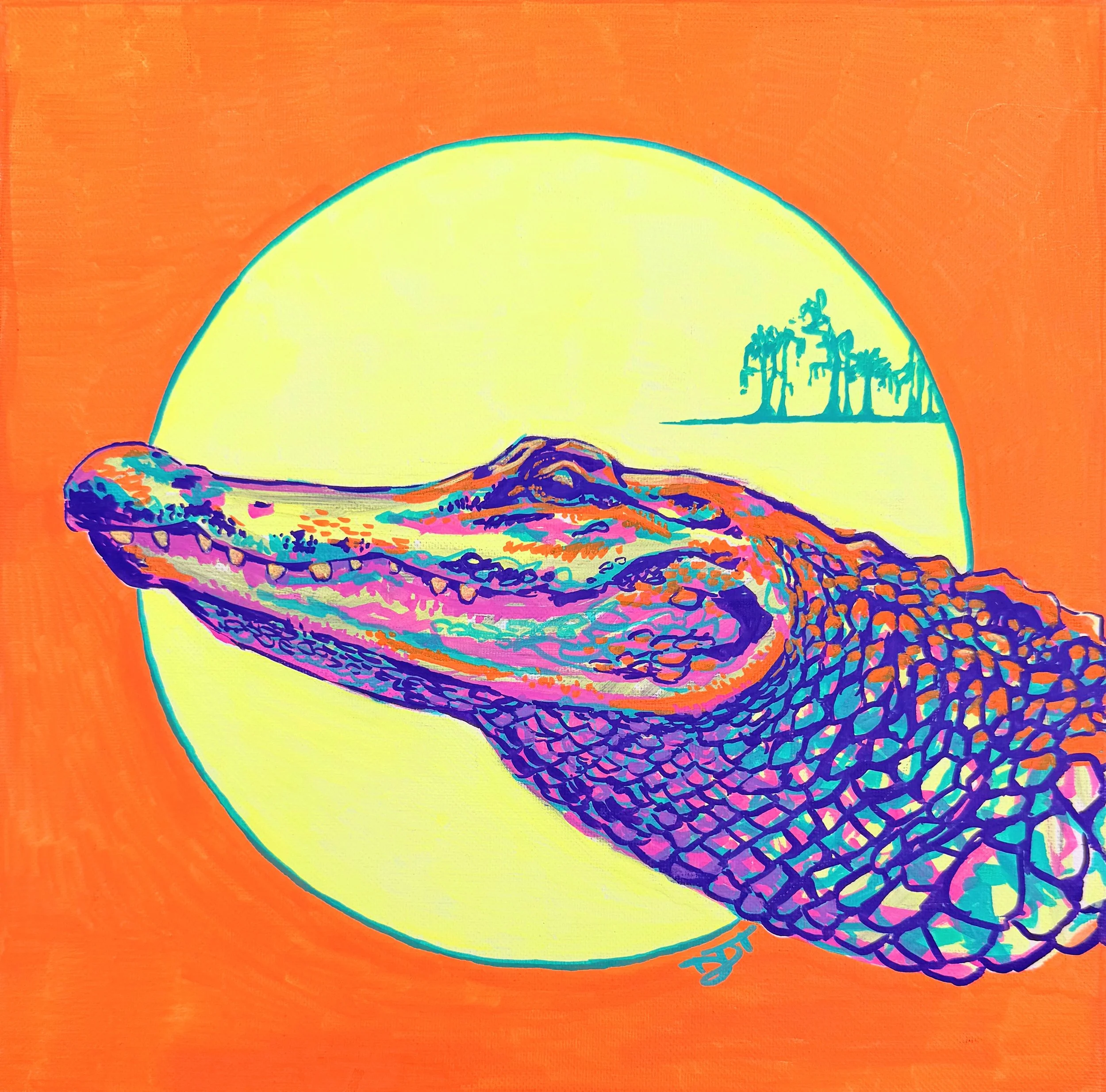 A colorful drawing of a crocodile with an orange background and a bright yellow crescent shape behind it, with a small blue silhouette of a group of trees in the distance.
