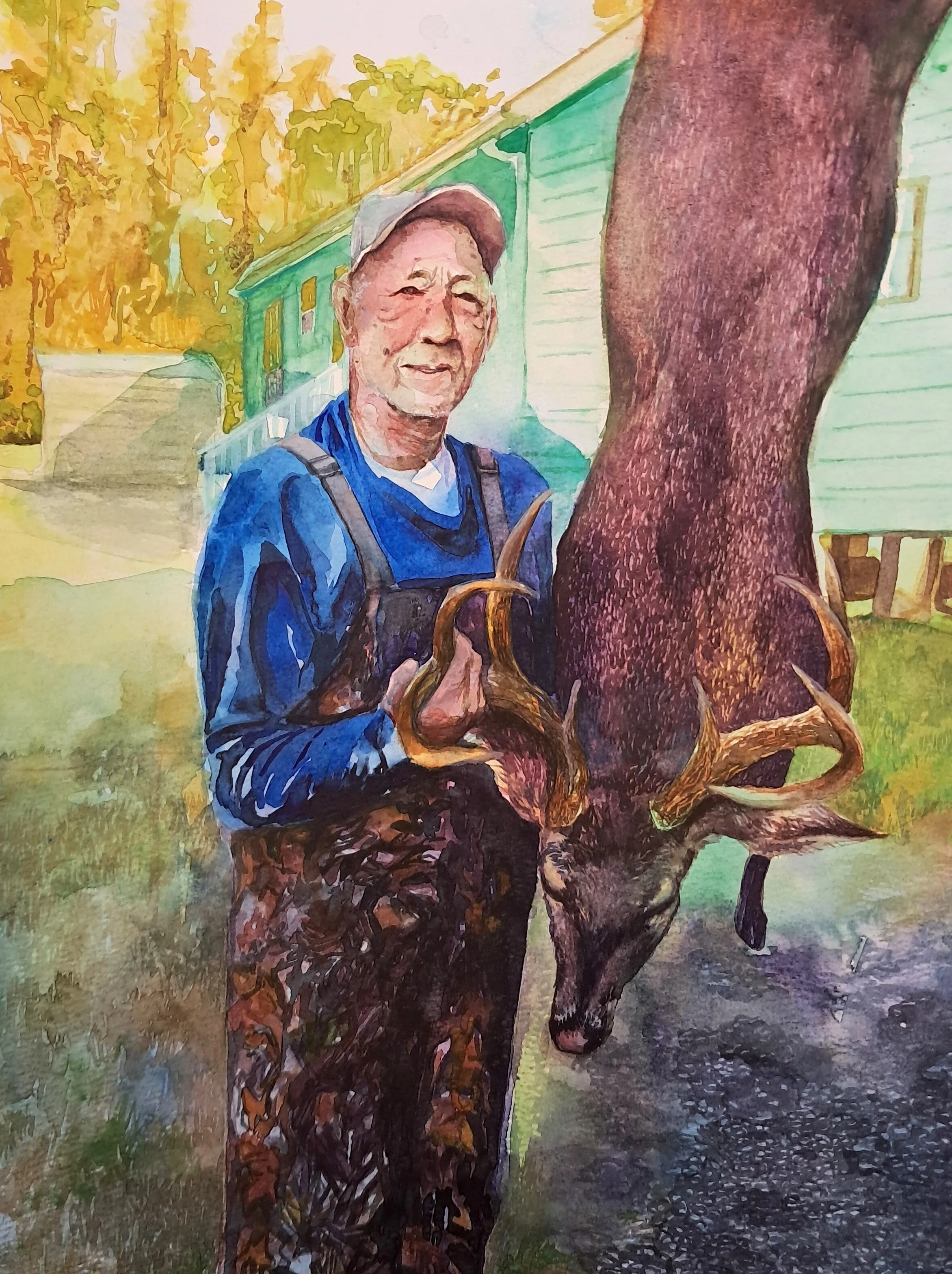 A watercolor portrait of an elderly man with a cap standing outdoors next to an elephant, with trees and a house in the background.