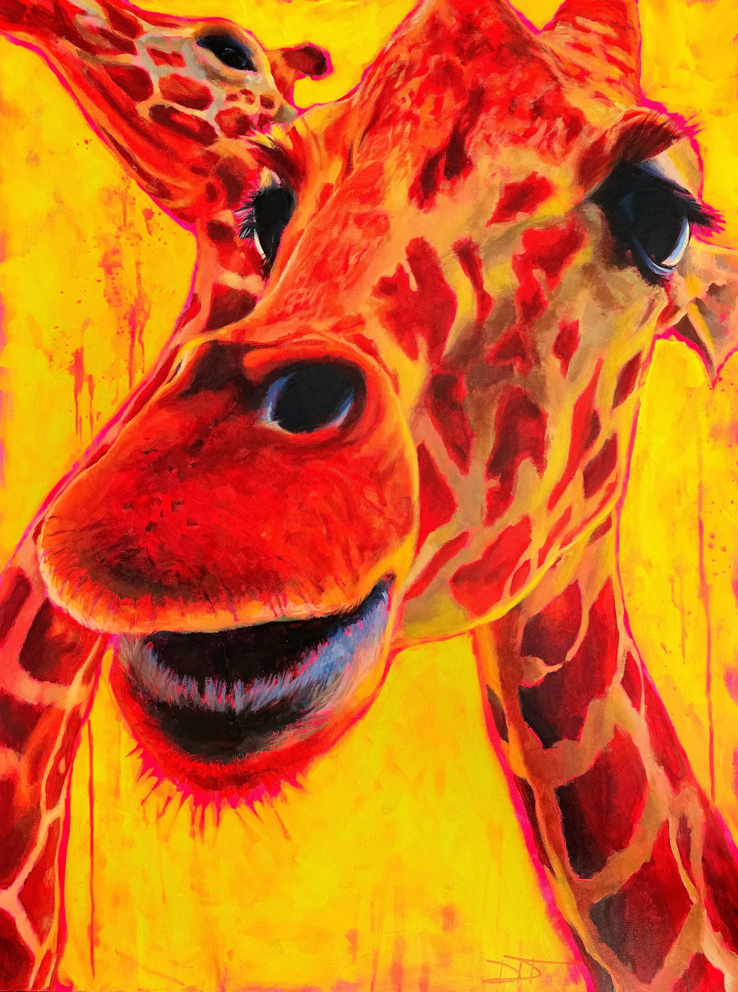 A brightly colored painting of a giraffe with a yellow background, showcasing the giraffe's face and neck with detailed spots and large eyes.