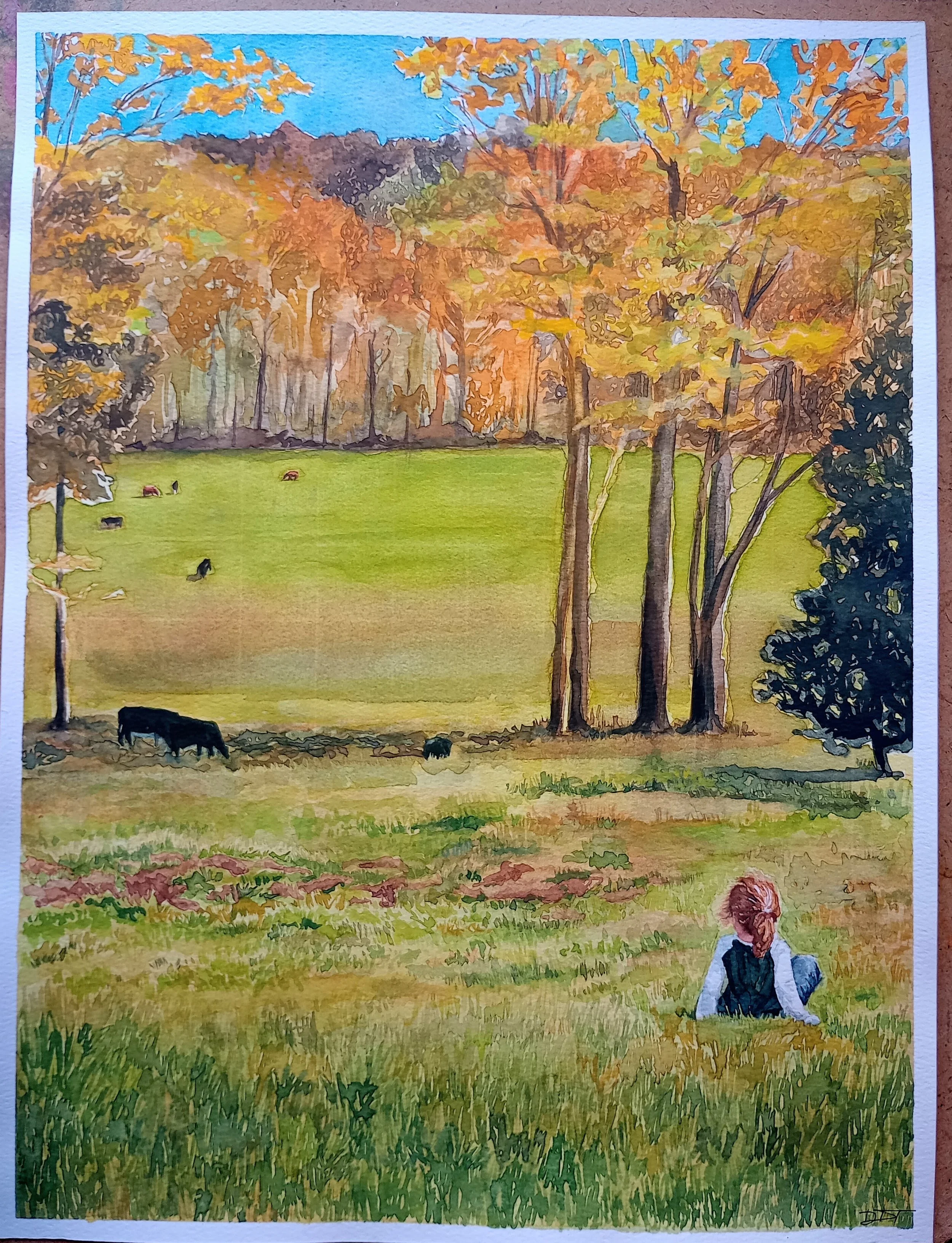 A watercolor painting of a peaceful landscape with a green grassy field, tall trees with autumn-colored leaves, a few grazing animals, and a person sitting on the grass in the foreground.