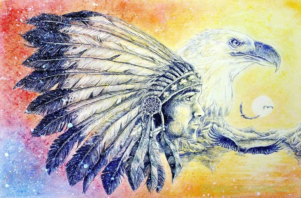 A colorful artistic drawing featuring a Native American man in a feathered headdress, an eagle, and mountains in the background with a setting sun in the sky.