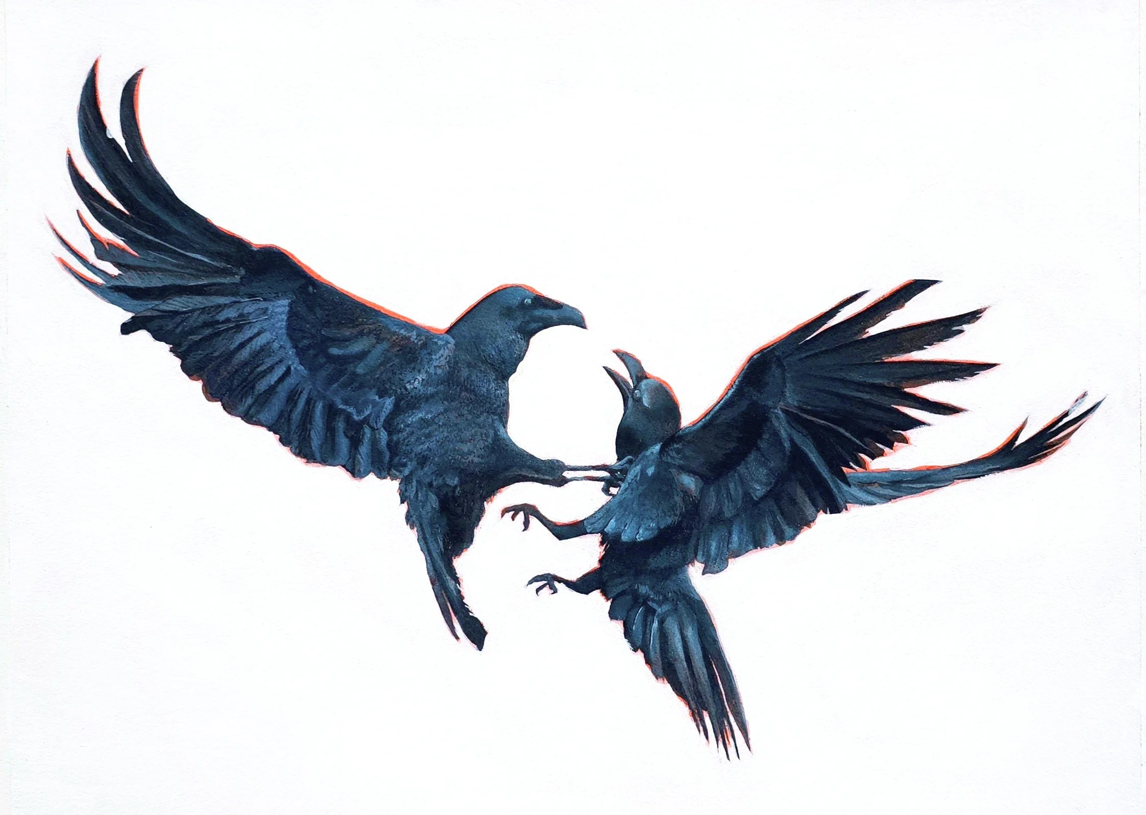 Painting of two black birds in flight with wings spread, outlined with an orange glow, on a white background.