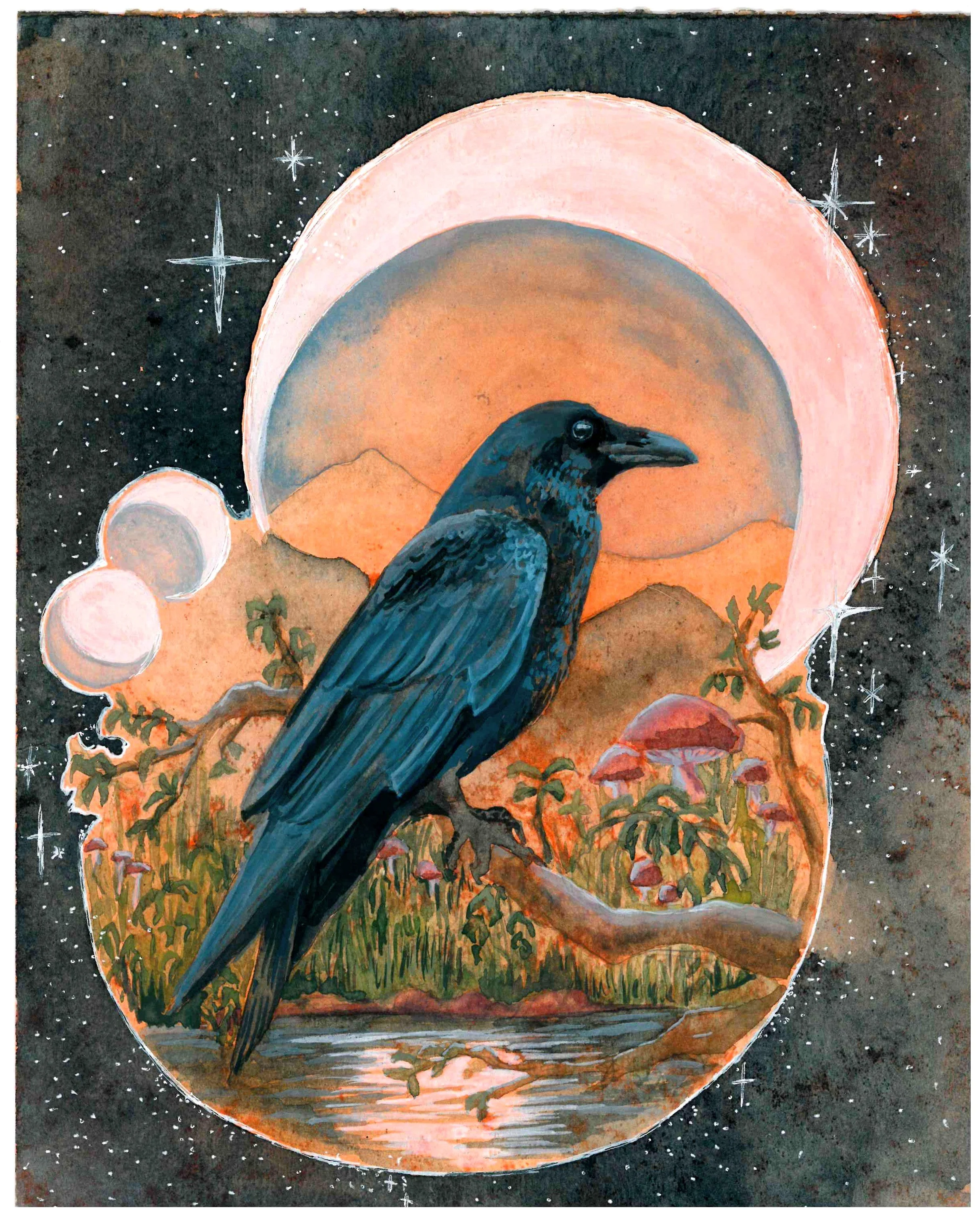 A black bird, possibly a crow or raven, standing on a landscape with mountains, mushrooms, and plants, with a large moon and stars in a black night sky in the background.