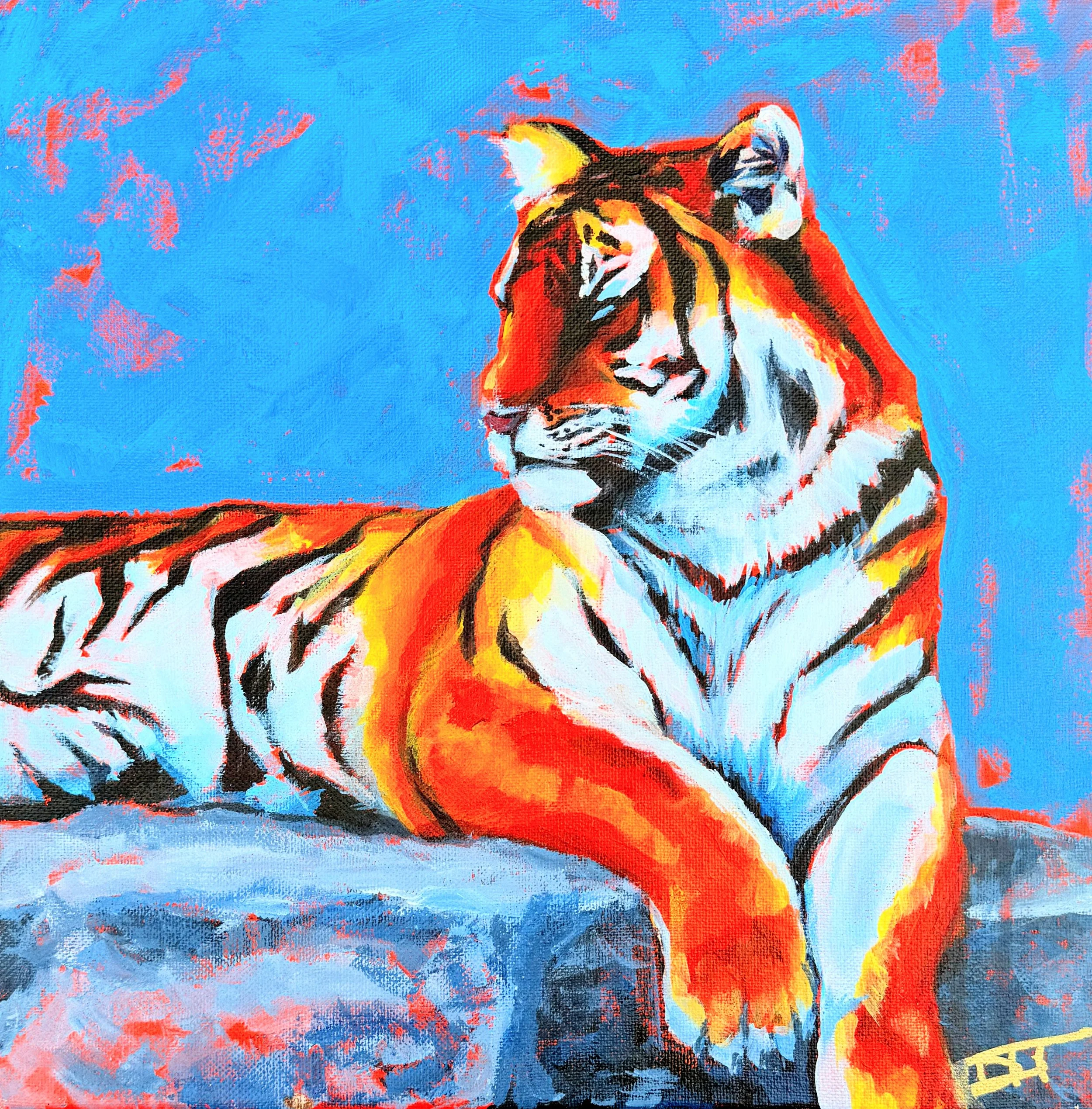 A colorful painting of a tiger with vibrant hues of orange, black, white, and yellow set against a light blue background with pink accents.